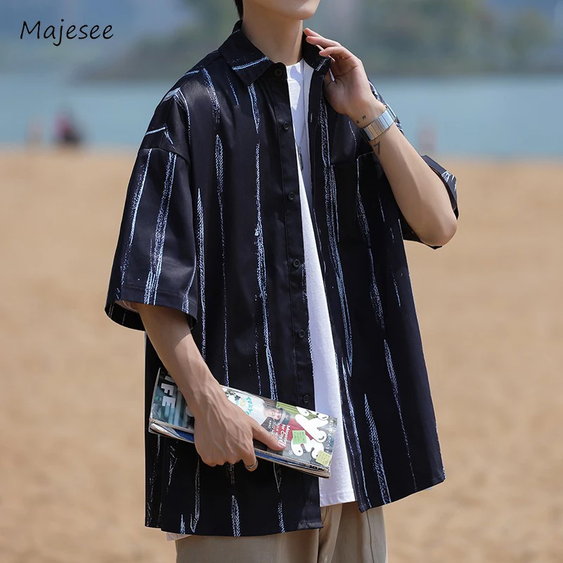 

Striped Shirts Men Holiday Beach Chic Simple All-match Summer Half Sleeve Basic Tops Daily Cozy Boyfriend High Street Clothing