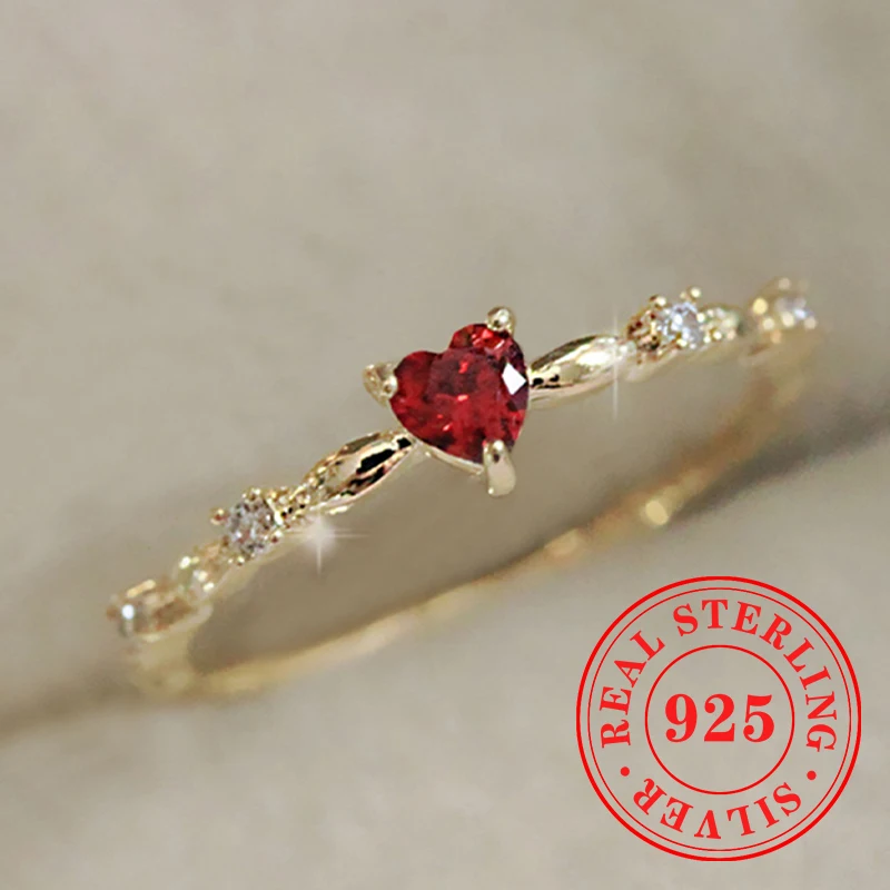 Huitan Real 925 Sterling Silver Dainty Red Heart CZ Rings for Women Noble Lady Ceremony Accessory Delicate Love Wedding Jewelry