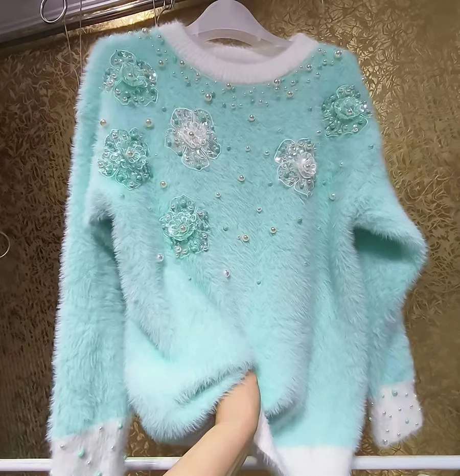 真珠で刺繍された女性用ニットプルオーバー,厚くて暖かいセーター,豪華なトップス,婦人服,2022