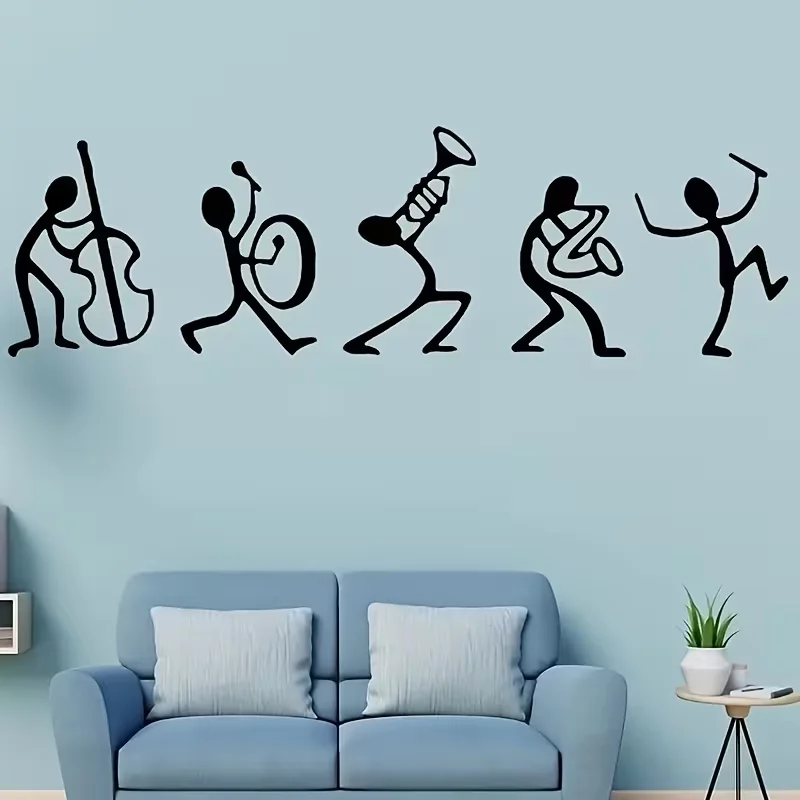 Cartoon lustige kleine Männer Musik Band Gitarre Wandaufkleber |   Vinyl-Heimdekoration für das Spielen im Raum, selbstklebend, glänzende Oberfläche, abnehmbar