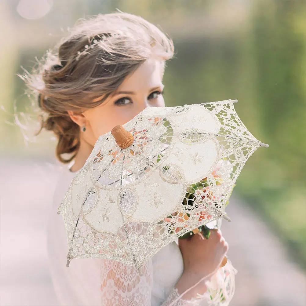 

2Pcs Decorative Umbrella Lace Wedding Parasol White Bridal Photo Prop for Pageant Cosplay Concert Birthday Home Decoration