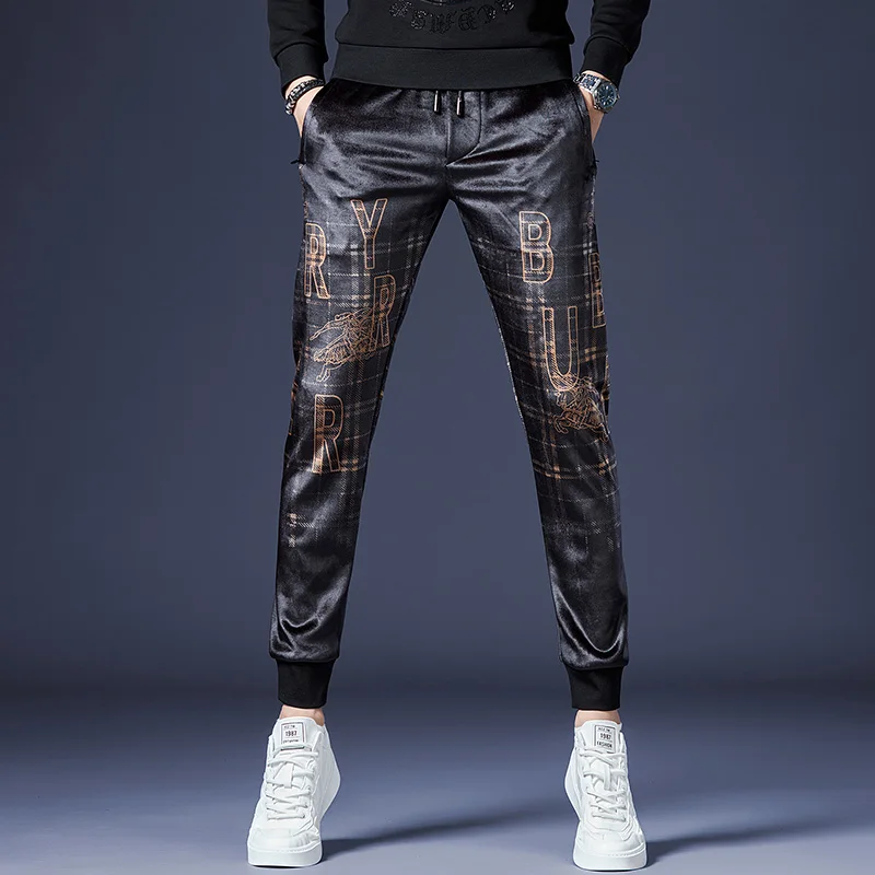 

Faionable Velvet Pants Men's Spring Autumn Slim Fit Printed Casual Trousers Sli Brand Urban Sle Polyester Fiber