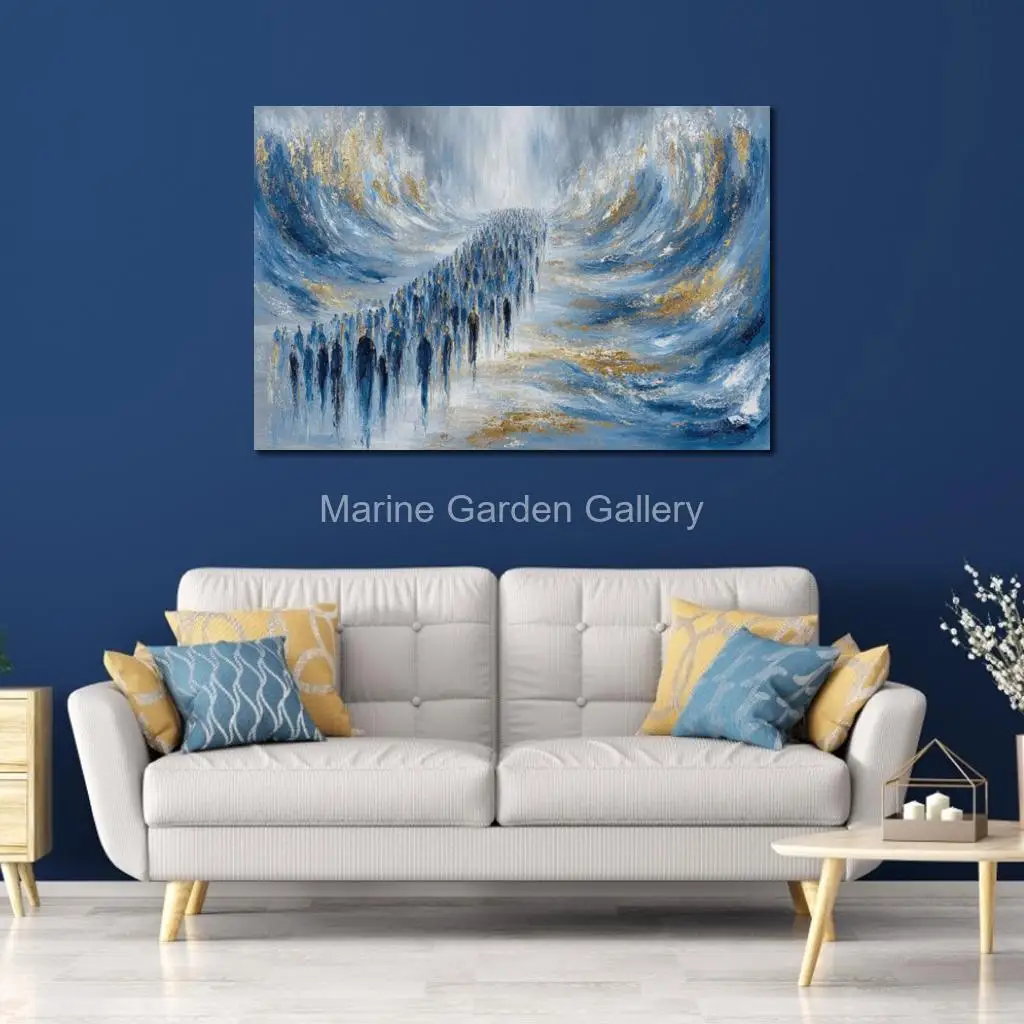 Gran Pintura al Óleo Judaica, Milagro de la Cruzada del Mar Rojo, Pintado a Mano, Arte Abstracto Azul y Dorado, Arte Judío en Lienzo, Decoración para el Hogar Judío, Pascua