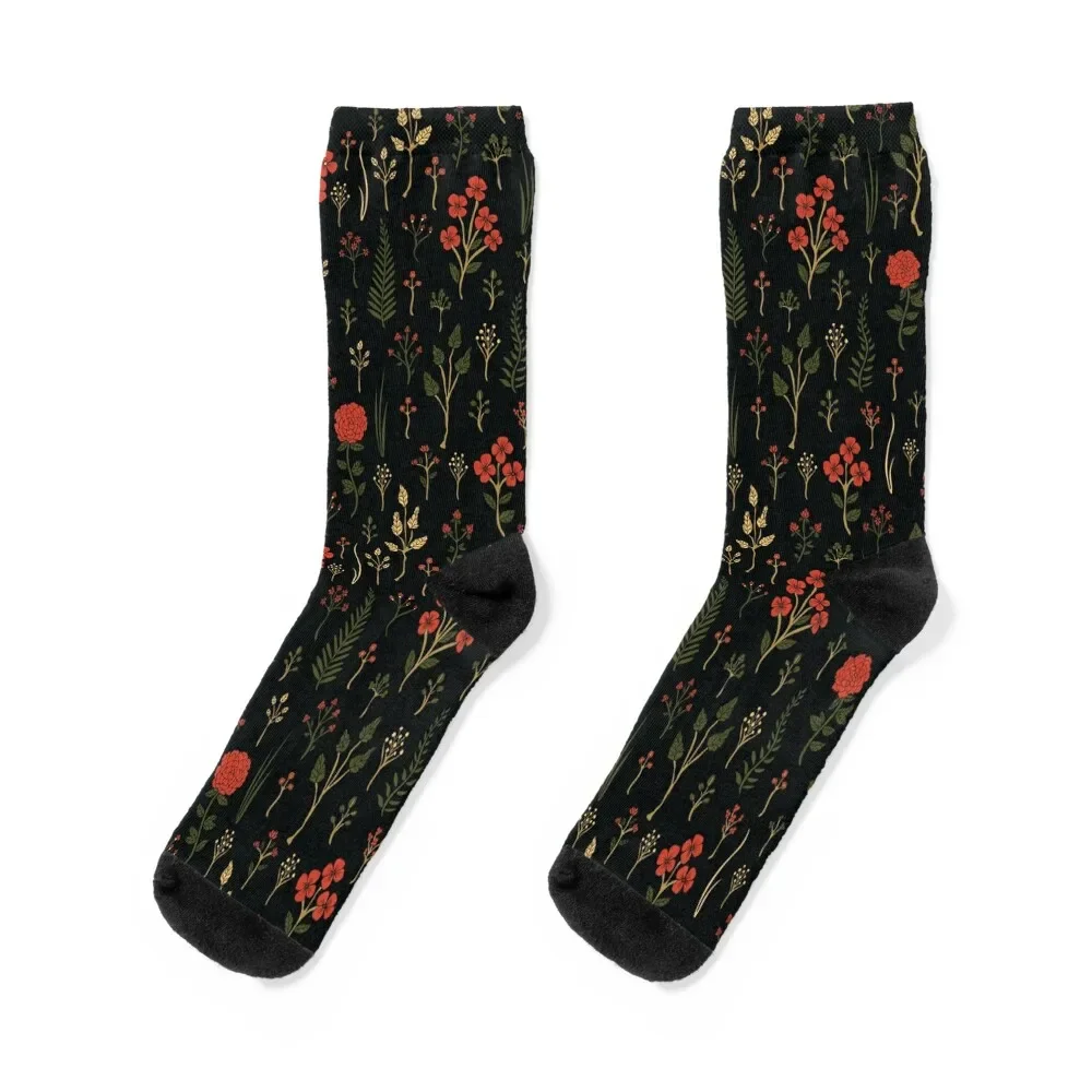 

Green, Red-Orange, and Black Floral/Botanical Print Socks designer brand cotton Novelties gift Socks Women Men's