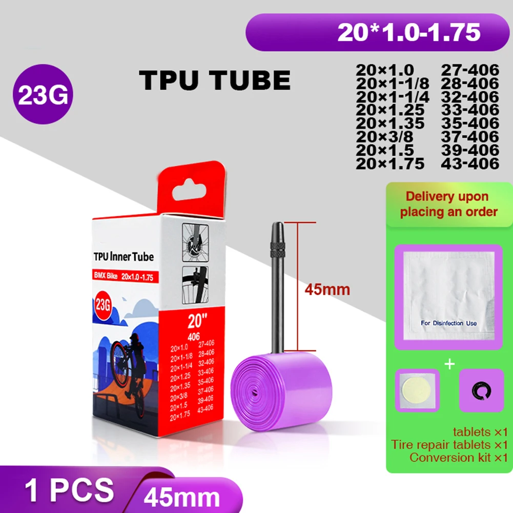 Tubo interno de bicicleta ultraleve, 23g, 20 polegadas, 406, 20x1.0-1.75, tubo interno de tpu para bmx406, válvula reforçada, acessórios de bicicleta