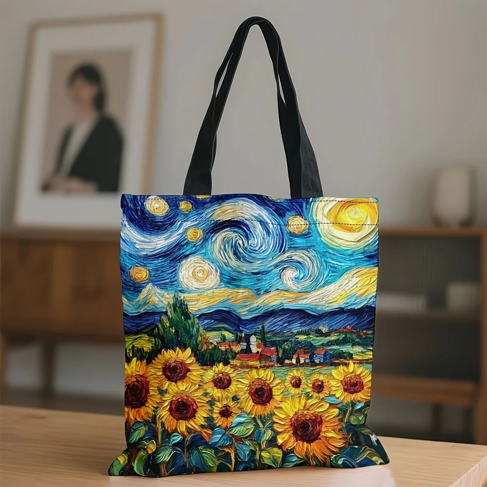 1pc Van Gogh Sunflowers Starry Night Art Print Tote Bag Canvas Large Capacity Durable Polyester Reusable Grocery Shopping Bag