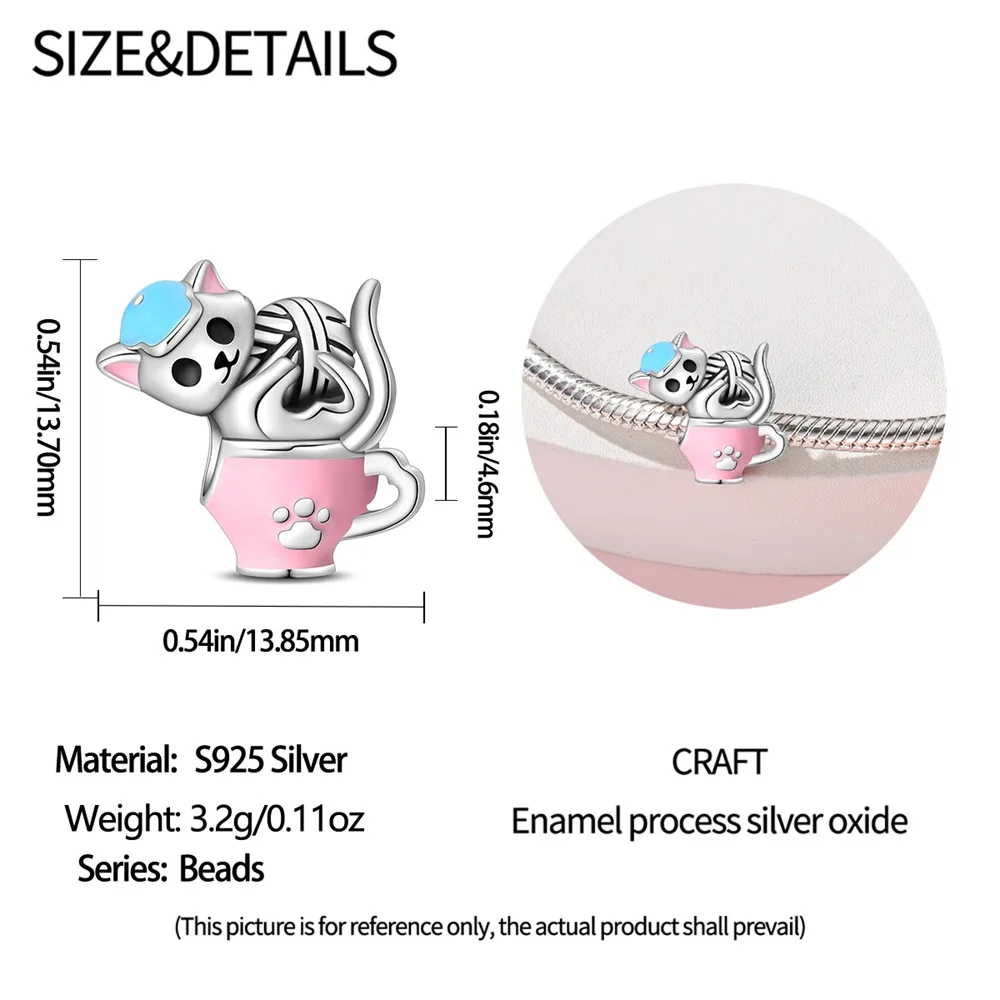 Trendy 925 Sterling Silver Pink Afternoon Tea Cup Cute Cat Yarn Charm Fit Bracelet Necklace Women's Pet Party Accessories