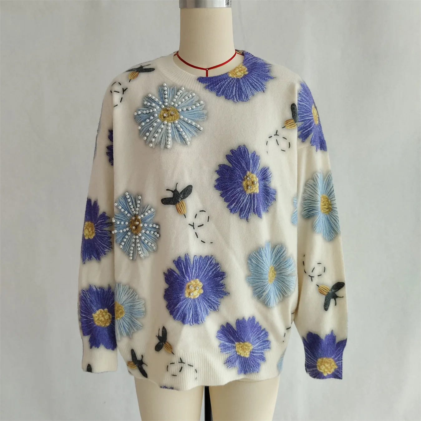 Damski sweter na jesień i zimę 2025, uniwersalny, codzienny, retro, z kwiatowym wzorem, luźny, z długim rękawem, dzianinowy top, sweter do noszenia na co dzień i do pracy.