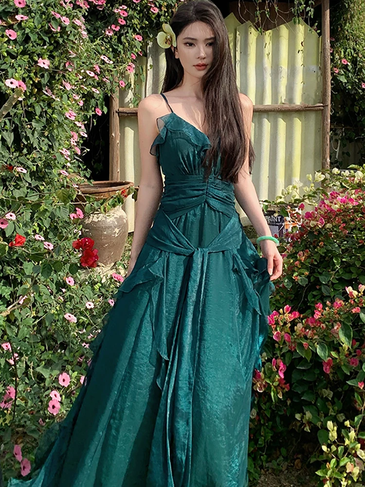 2025 グリーンパッチワーク ラッフルVネック セクシー スリング ロングドレス レディース エレガント ラグジュアリー ドレス サマー 韓国 ヴィンテージ フェスティバル パーティー ドレス