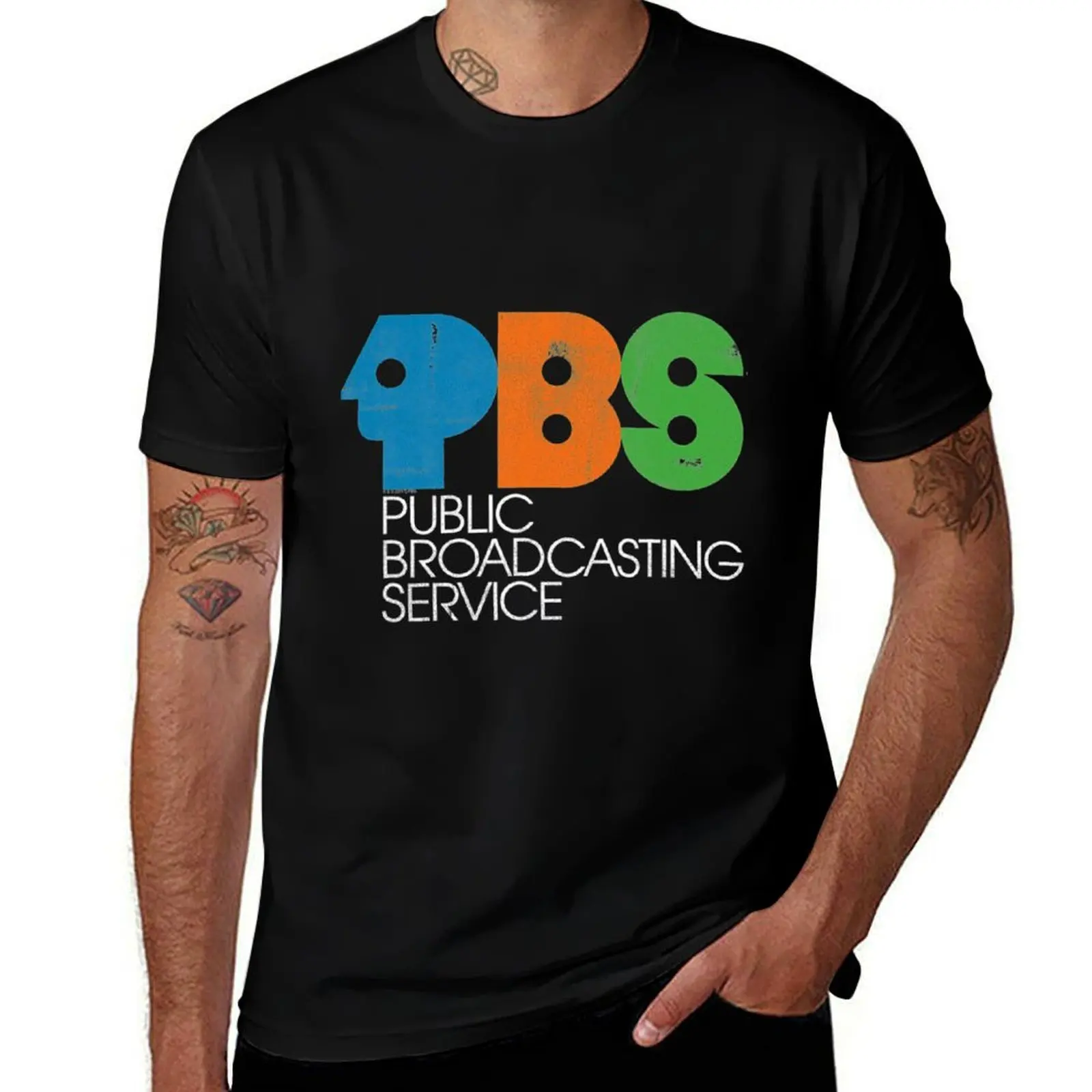 

PBS Vintage Logo Distressed T-Shirt Everyday Wear Basic Short Sleeve Top