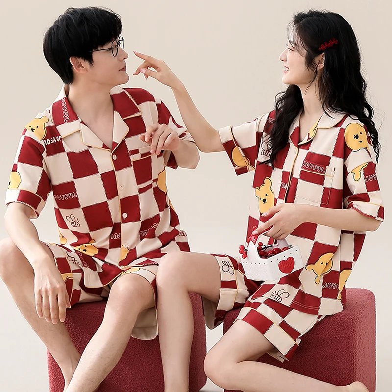 pijamas-de-algodon-para-parejas-ropa-de-verano-roja-de-manga-corta-version-para-hombre-ropa-de-casa-de-estilo-coreano-material-de-algodon-fino