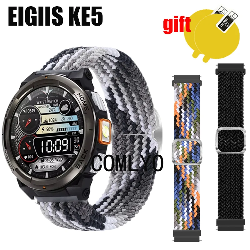 For EIGIIS KE5 Smart Watch Strap Band Nylon Belt Adjustable Soft Breathable Wristband Screen Protector Film