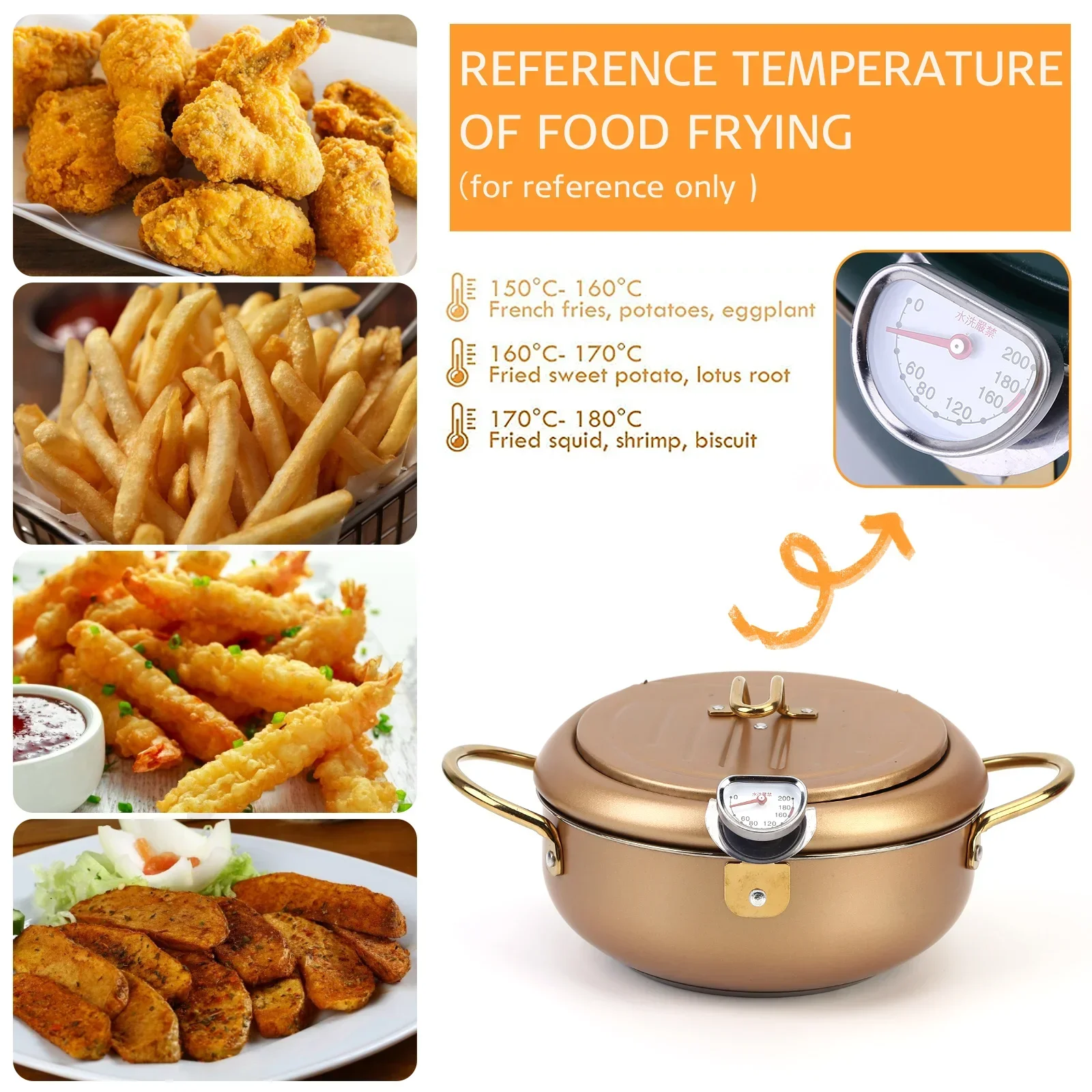 304 Stainless Steel Japanese Tempura Deep Fryer with Lid Thermometer with Strainer 20CM 24CM Kitchen Fryer Pan Kitchen Supplies