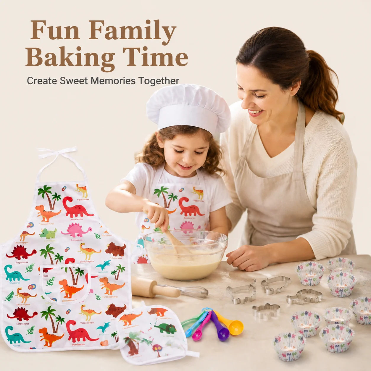Dinosaur Kids Baking Set Chef Apron Hat Mitt Cooking Tools Kit Child DIY Cookie Cutters Cupcake Liners Kitchen Play Toy Gift view 5