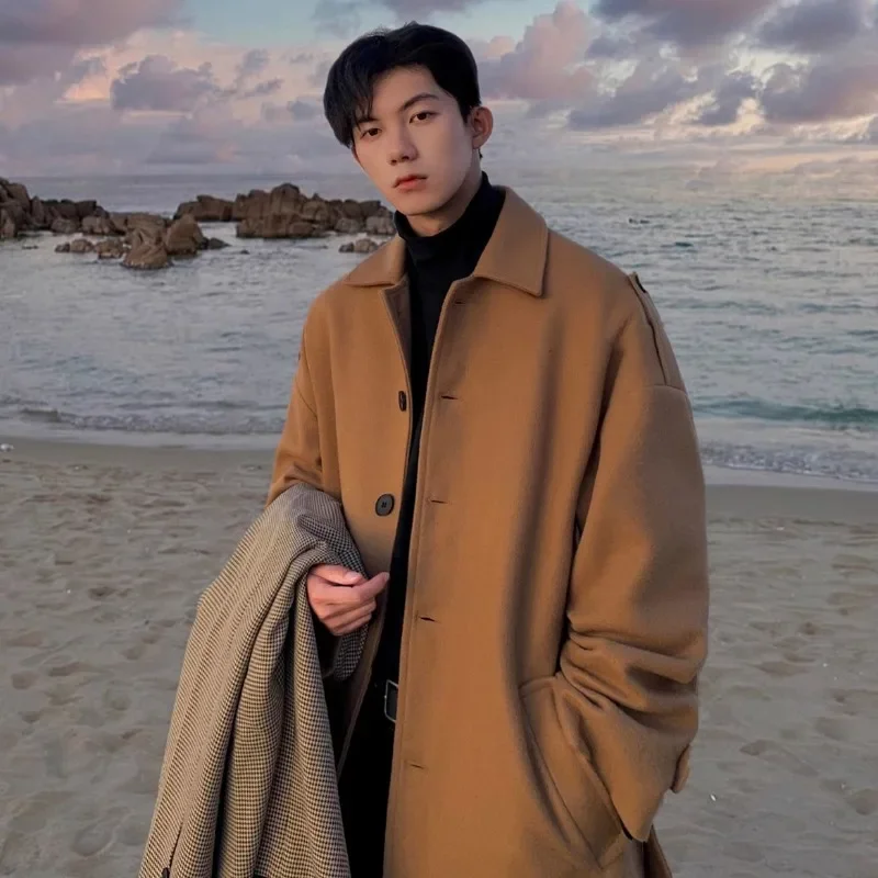 2024 Autumn and Winter Long Men's Woolen Coat Korean Version Trend Thick Windbreaker Over The Knee Woolen Coat