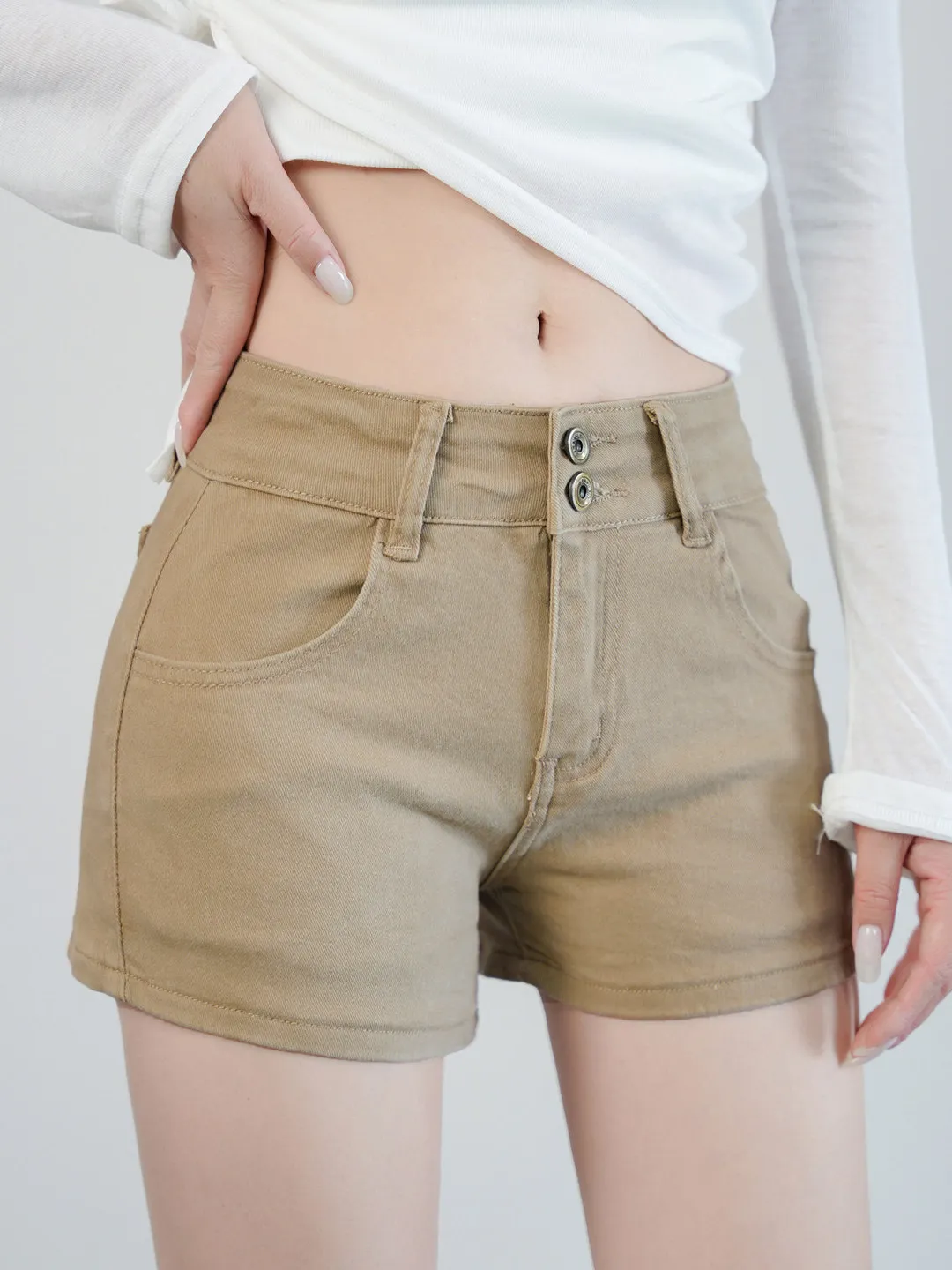 

Американские джинсовые шорты цвета хаки с высокой талией для женщин, летние, новые, универсальные, облегающие, скрывающие недостатки фигуры, с эффектом подтяжки ягодиц