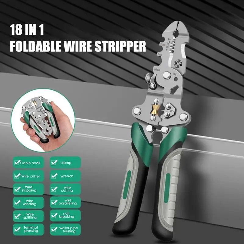 18 In 1 Foldable Wire Stripper Multi-function Heavy Duty Electrical Pliers Portable Cable Crimping Stripper Hand Tool