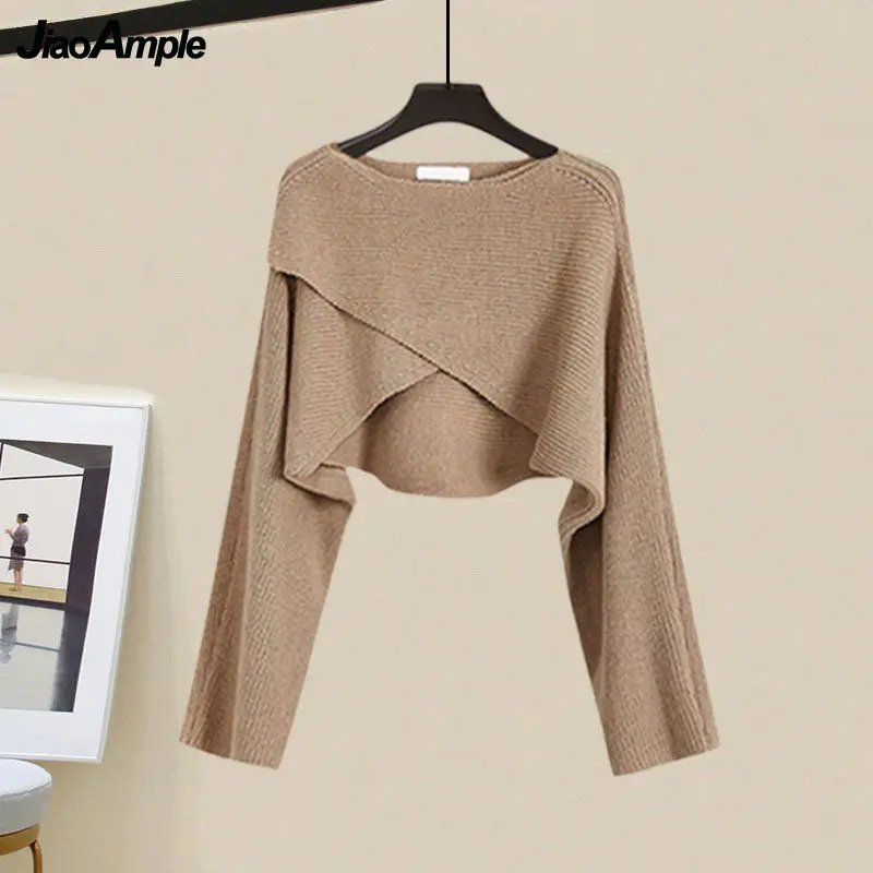 Women\'s Autumn Winter New In Matching Set Korean Elegant Short Knitted Sweater+Black Bottom Pullover+Strap Dress 3 Piece Suit