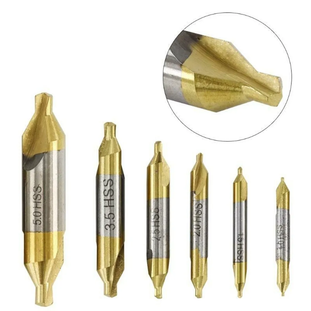 

Center Drill Bit Set 6pcs HSS TiN Coated Automatic Hole Drill Hole Cutter 1.0-5.0mm 60 Degrees Woodworking Tools