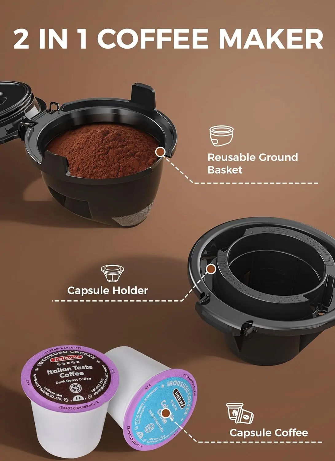 ماكينة صنع القهوة ذات الخدمة الواحدة، ماكينة تحضير القهوة للكبسولات والقهوة المطحونة، ماكينة صنع قهوة الكبسولات مع خزان مياه 40 أونصة، 5 مقاسات مشروب