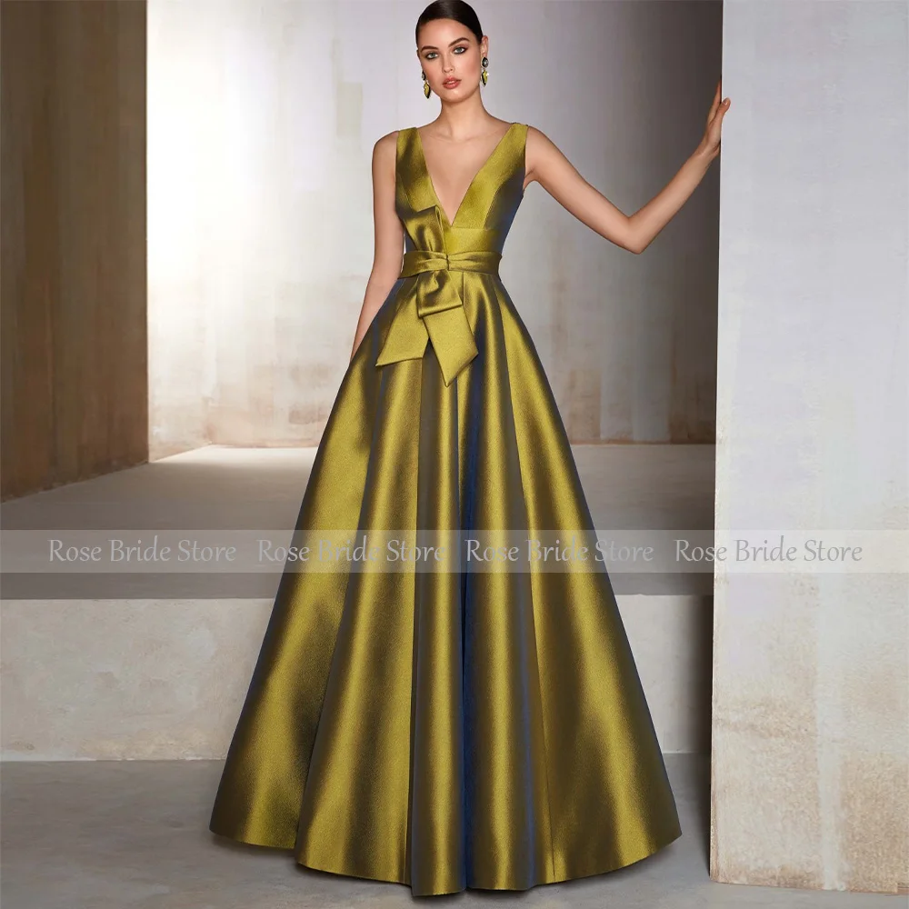 Green Satin Prom Dresses for Women 2023 A Line Elegant Evening Party Gowns Long V Neck Belt Bow Simple Wedding Guest Dress