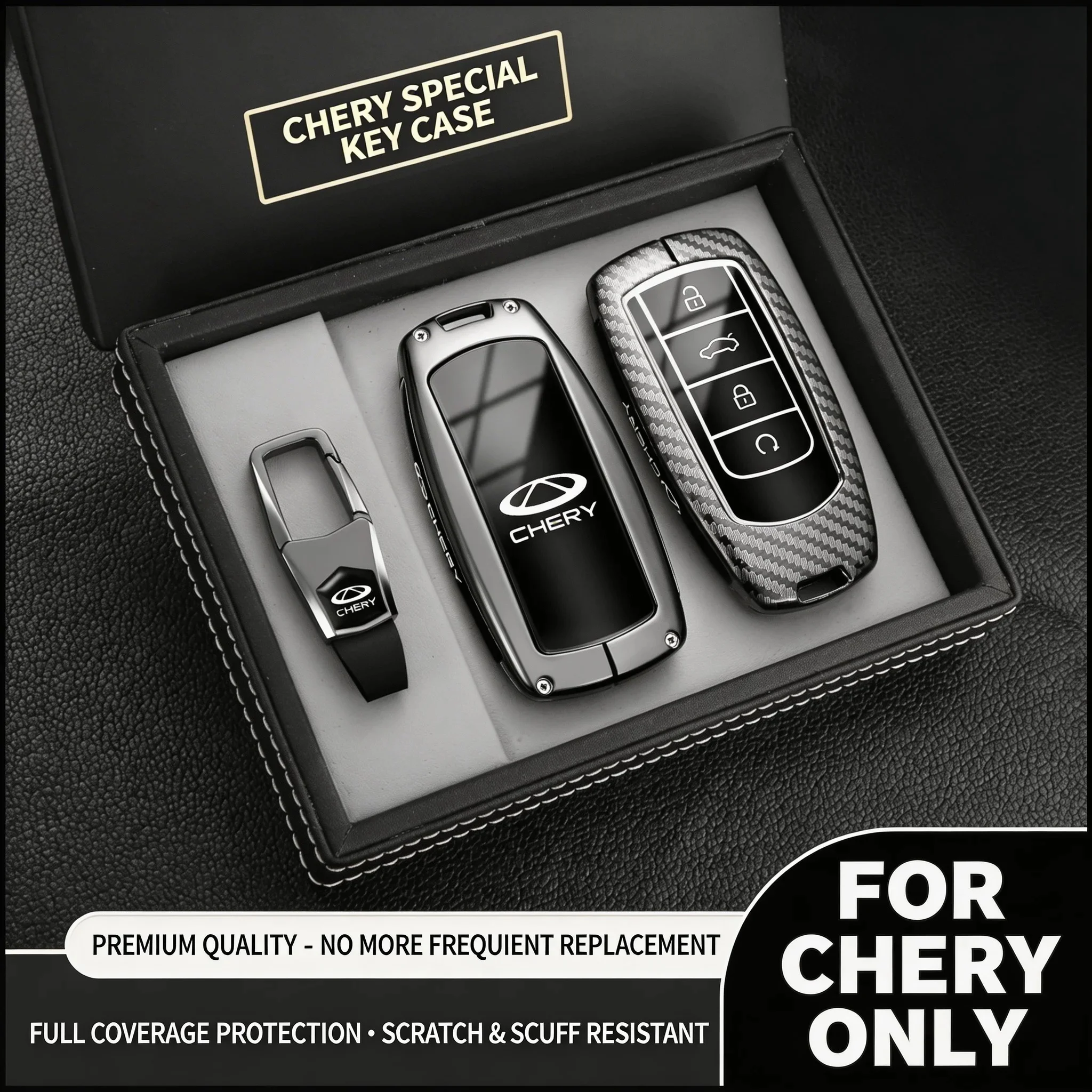 Zinc Alloy Carbon Fiber Texture Key Fob Cover Fit Chery Tiggo7 Tiggo8 Pro Omoda5 Jaecoo J7 J8 Jetour X70 X90 Keyless‑Entry Inter