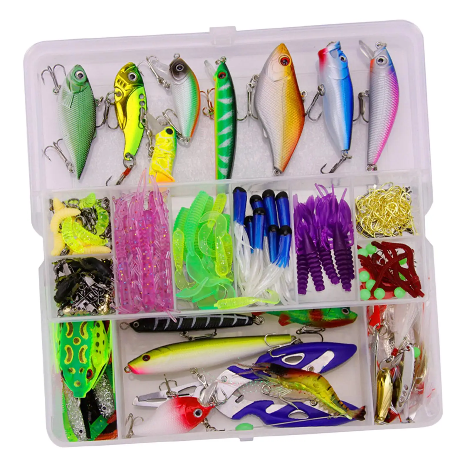 300pcs Fishing Spinners, , Hooks,Single Hooks,Swivels,Pliers, Pliers, Worm Jigs, Luminous Beads and Tackle Box