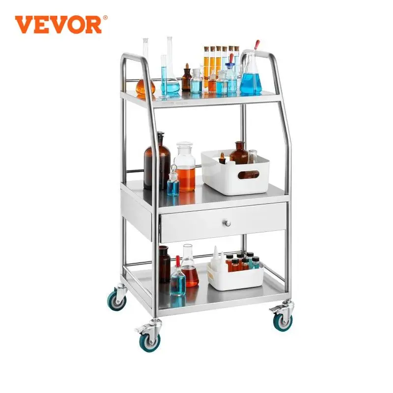 VEVOR Lab Serving Cart 3 Layers Stainless Steel Utility Rolling Cart with A Drawer Medical Cart with Lockable Wheel for Dental