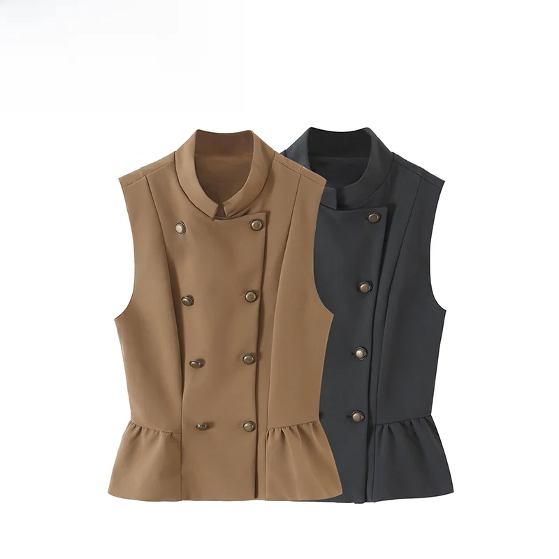 Zr Autumn New Style Women's Short Skirt with Button Detail Nine Points Vent Backless Vest Top Polyester Fabric Regular Length