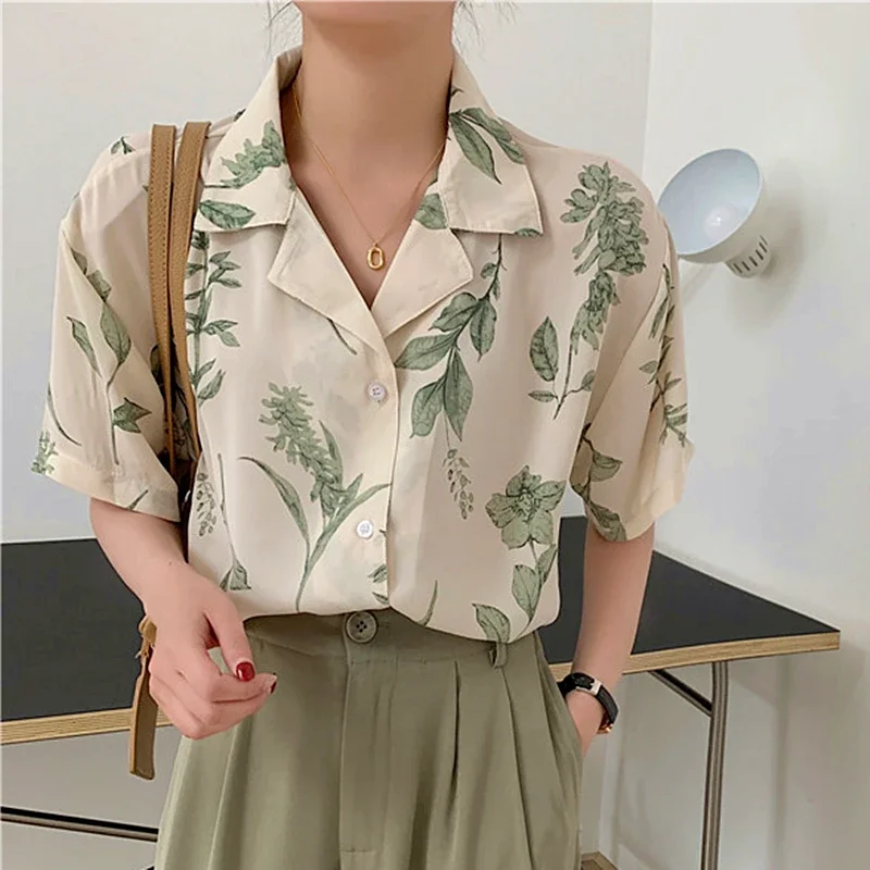 Japan Style Vintage Apricot Flower Shirts Elegant Ladies Notched Button Up Shirt Loose Summer Chiffon Blouses Korean Fashion Tee