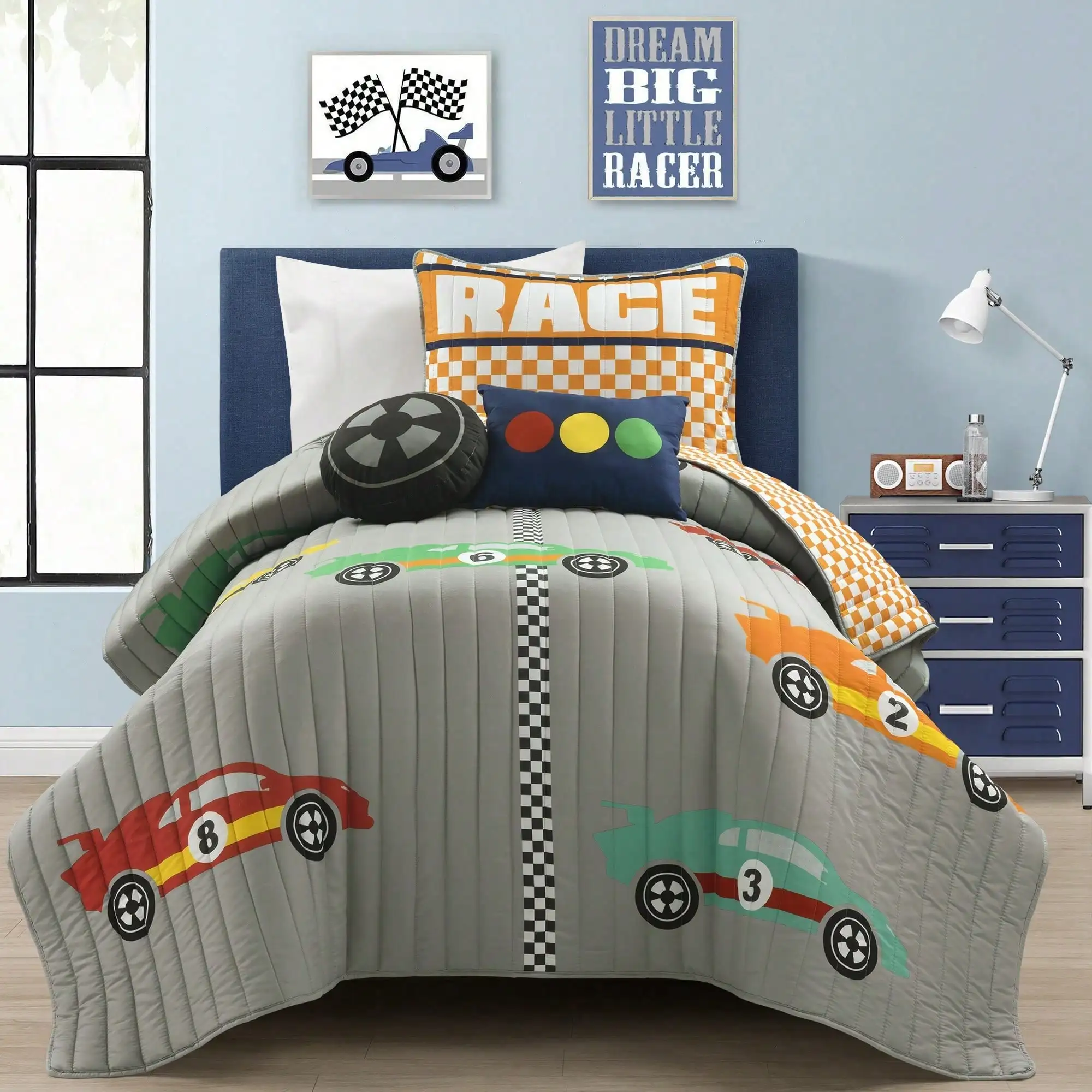 

LUSH DECOR Racing Cars Reversible Oversized Quilt Navy 4Pc Set Twin Halloween-Fall Decor-Room Decor