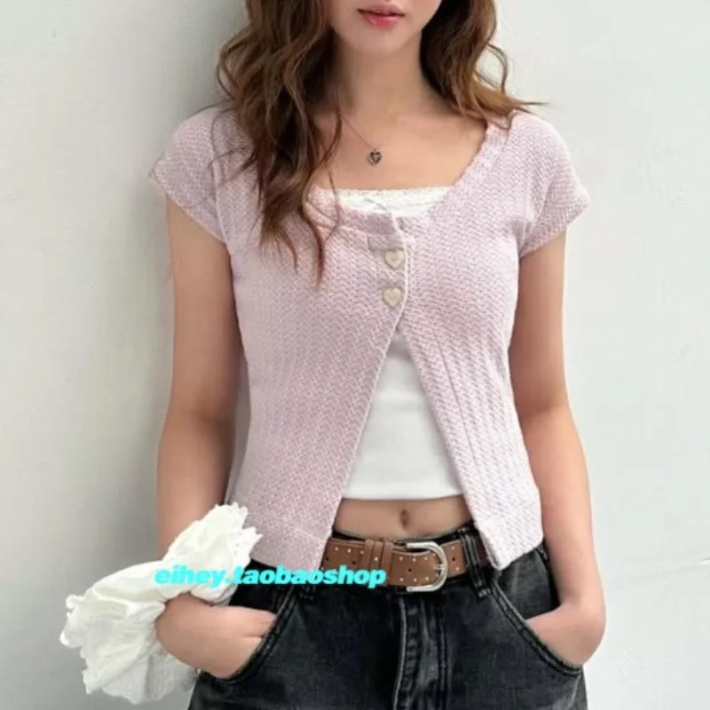 

2025 Summer New Korean Buttons Split Solid Color Casual Short-sleeved T-shirt Women + Lace Splicing Sexy Camisole Two-piece Suit