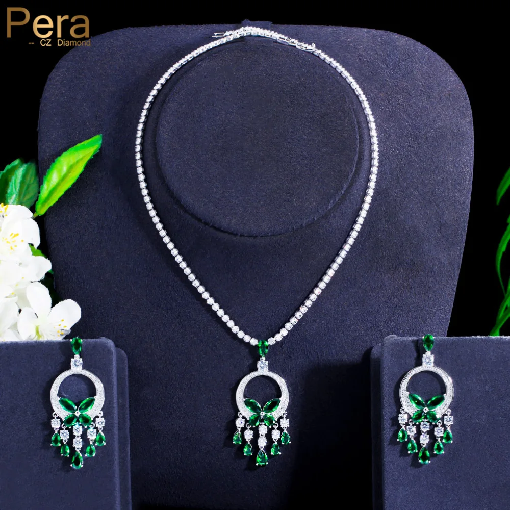 Pera Excellent Quality Green CZ Crystal Long Round Tassel Pendant Necklace and Earrings Sets for Women Prom Party Jewelry J515