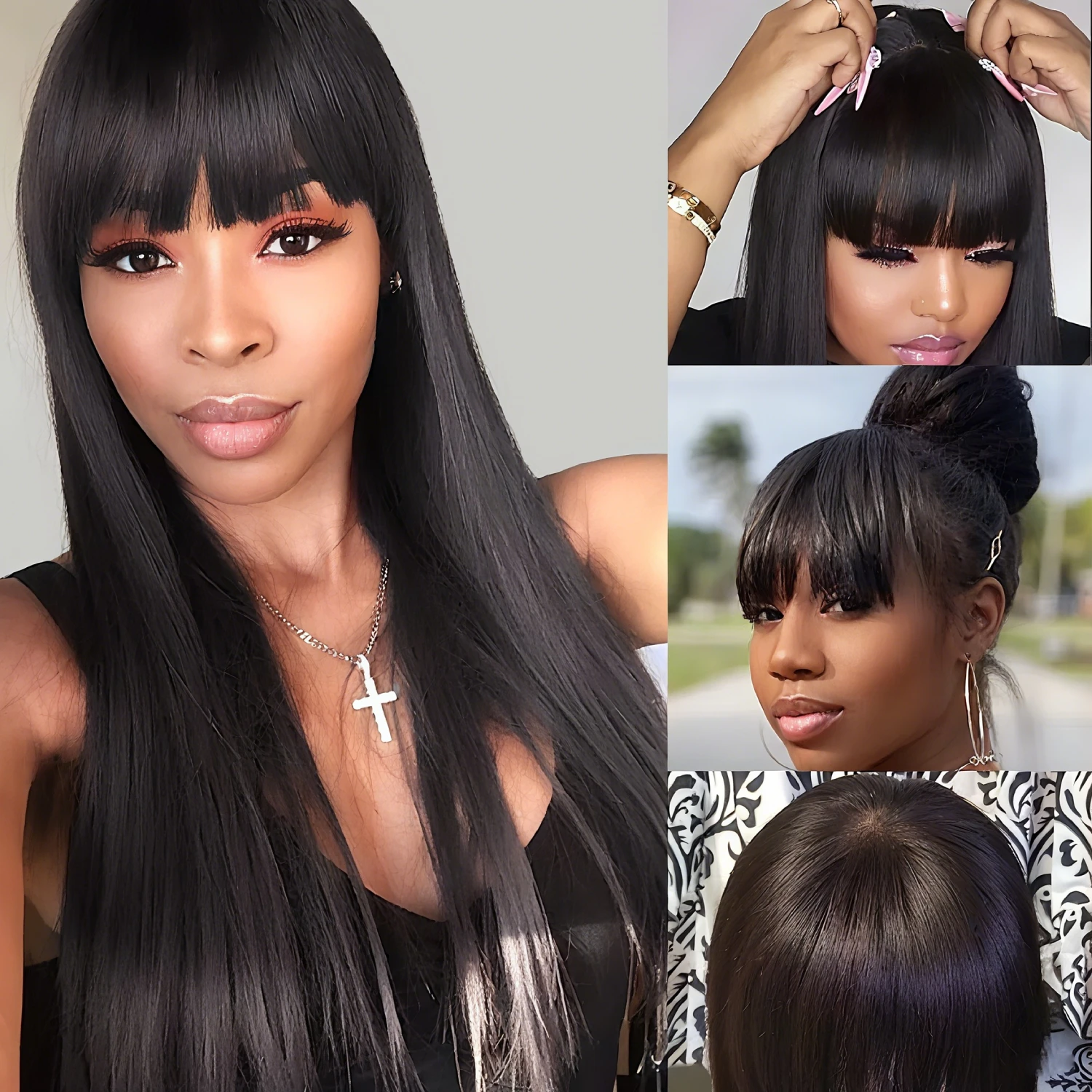 

Bone Straight without Lace Human Hair Wig With Bangs 30 32 Inch 100% Human Brazilian Remy Hair Wigs For Black Women On Sales