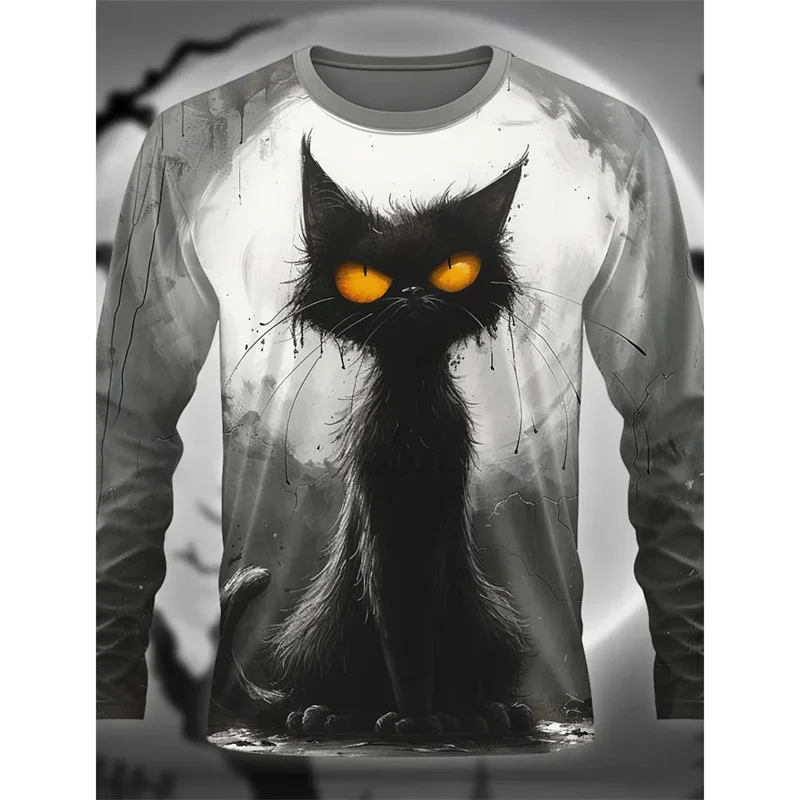 T-shirt à manches longues pour hommes, motif imprimé 3D représentant un chat noir mystérieux, en fibre de polyester, style gothique, motif animalier, idéal pour un look décontracté.