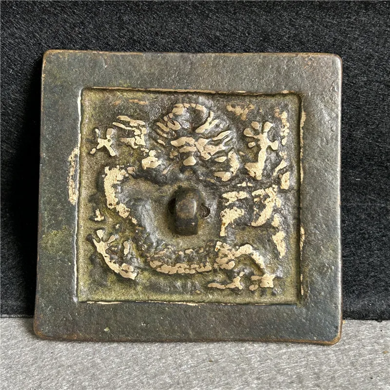 Bronze Crafts of the Han Dynasty Exquisite Green Rust Gilded Bronze Mirror Flying Dragon Square Mirror Rich and Rich