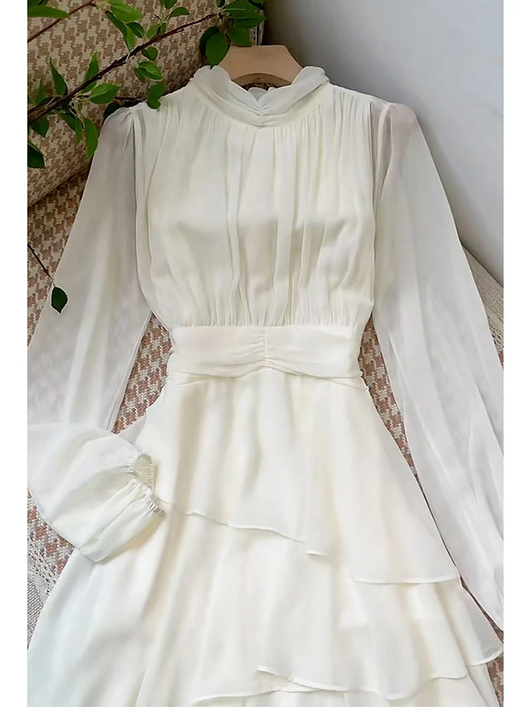 Imagem -03 - Primavera Outono Novo Estilo Francês Vestido Branco Senhora Temperamento Manga Longa Cintura Alta Vestido de Comprimento Médio de Alta Qualidade 2023