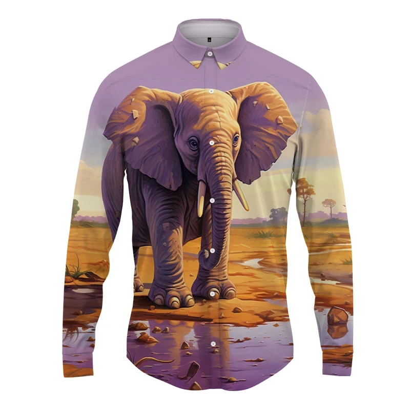 Elefante animal masculino impressão 3D manga longa camisa, confortável, rua, roupa de escritório, elegante