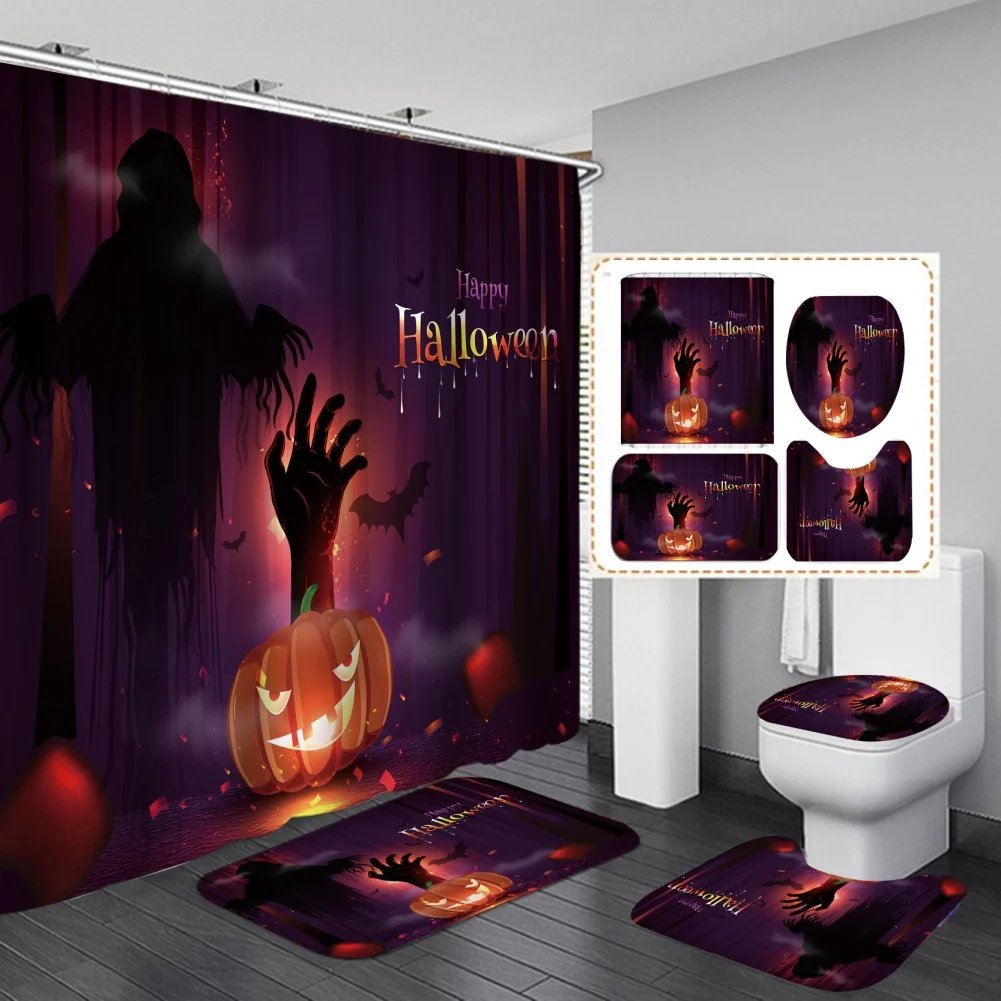 Halloween Shower Curtain Set 4PCS with Toilet Lid Cover Bath Area Mat Toilet Lid Cover Haunted House Horror Bathroom Decor