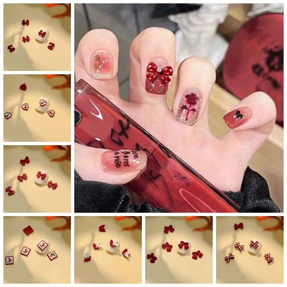 Adornos de uñas con lazo rojo esmerilado, suministros de Año Nuevo, lazo, diamantes de imitación, oso de dibujos animados, 5 unidades por juego