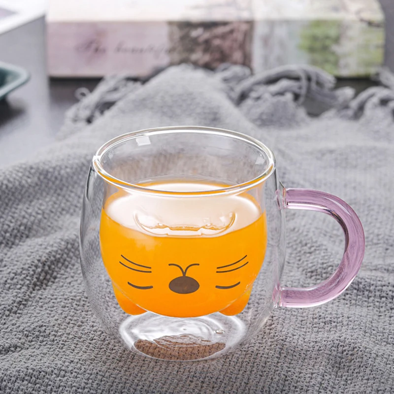 1/2pcs Cute Cat Mugs With Handle Glass Double Wall Insulated Glass Espresso Cup Coffee Milk Mug Gift