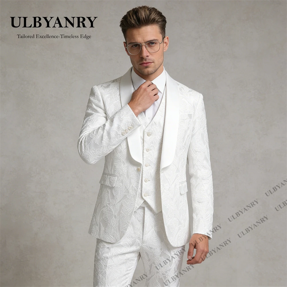 ULBYANRY Three Piece Men’s Jacquard Three - Piece Suit Satin Peak Lapel One - Button Tuxedo for Wedding Dinner Gala Pantsuit