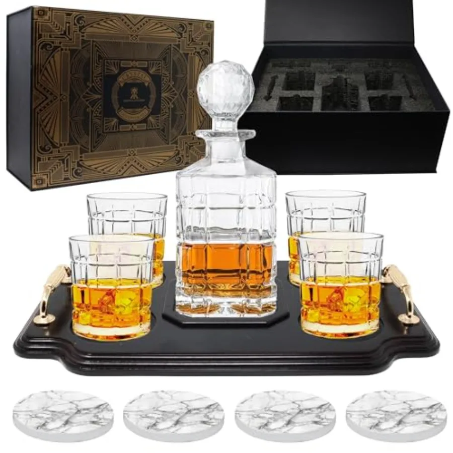 

Whiskey Decanter Set. Includes Whiskey glasses coasters and wood base. Perfect Dad Gifts. For bourbon scotch liquor etc