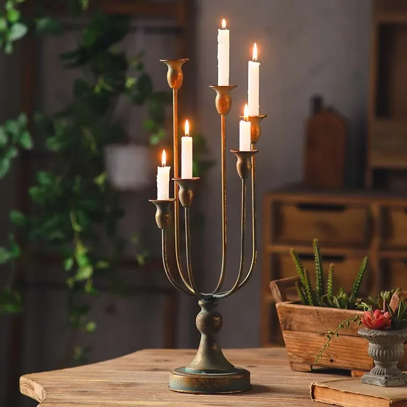 Vintage 5 Arm Candelabra Metal Candlestick Holder European Retro Style Home Decor Ornament for Dining Table Wedding