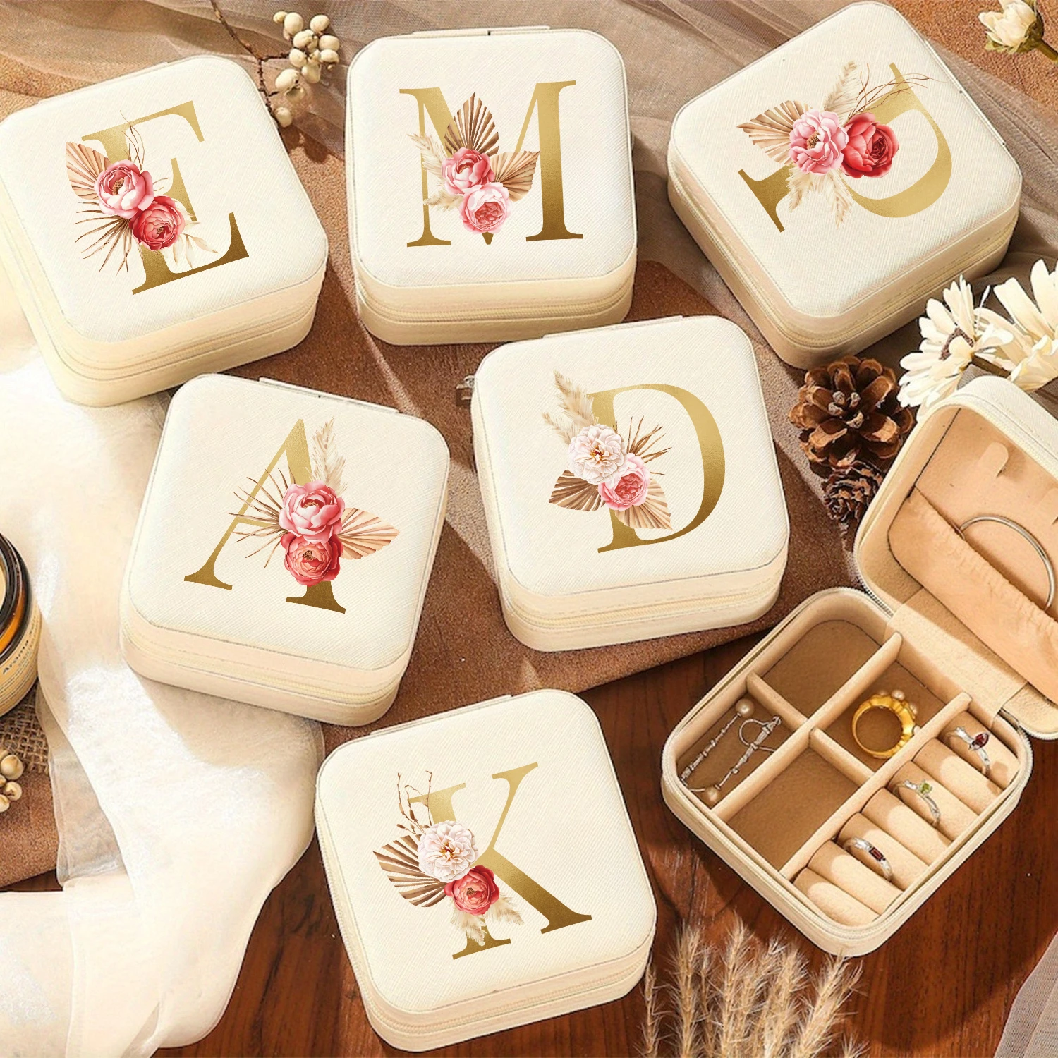A-Z Alphabet Print Beige Jewelry Box, Elegant Travel Jewelry Case with Zipper Closure, Ideal for Bridesmaid Gifts | Jewelry Box