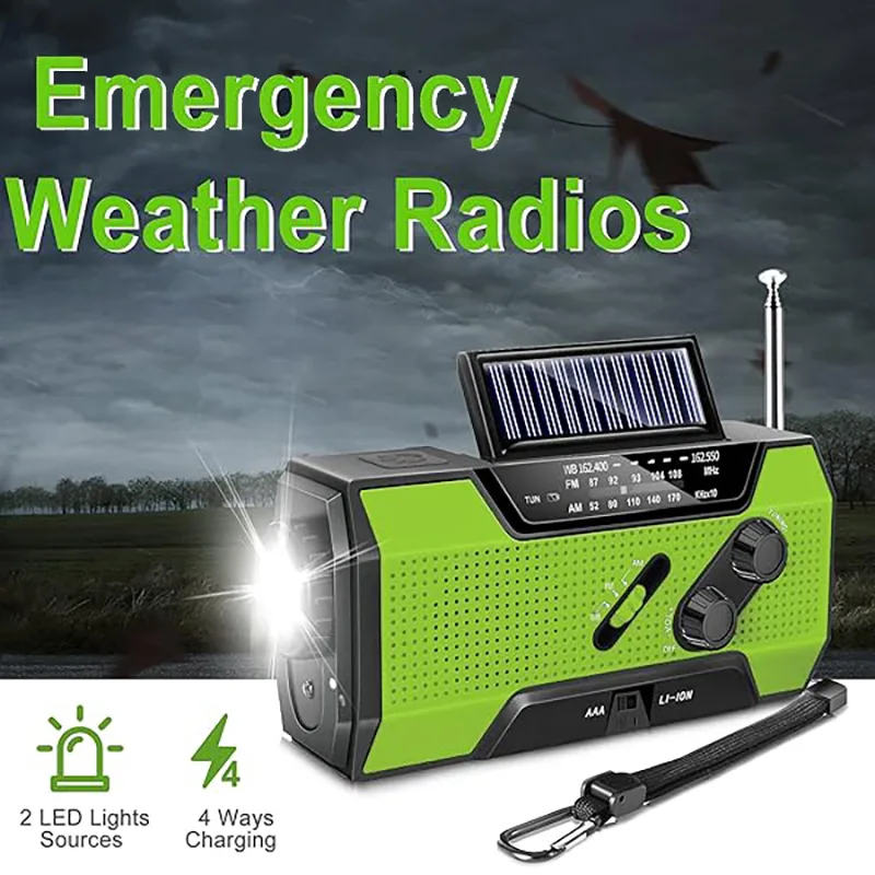 

Rechargeable Portable FM Radio 2000mAh Weather Radio Receiver With Solar Charging Hand Crank & Battery Operated SOS Alarm