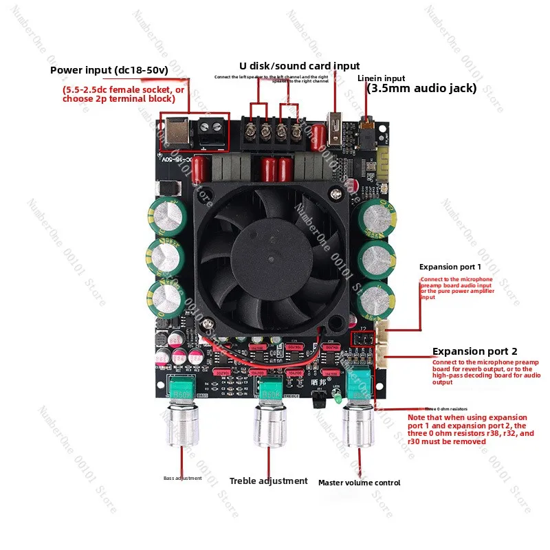 High-power TPA3255 Bluetooth module with high and low tone adjustment, 150W*2 dual-channel HiFi digital amplifier board