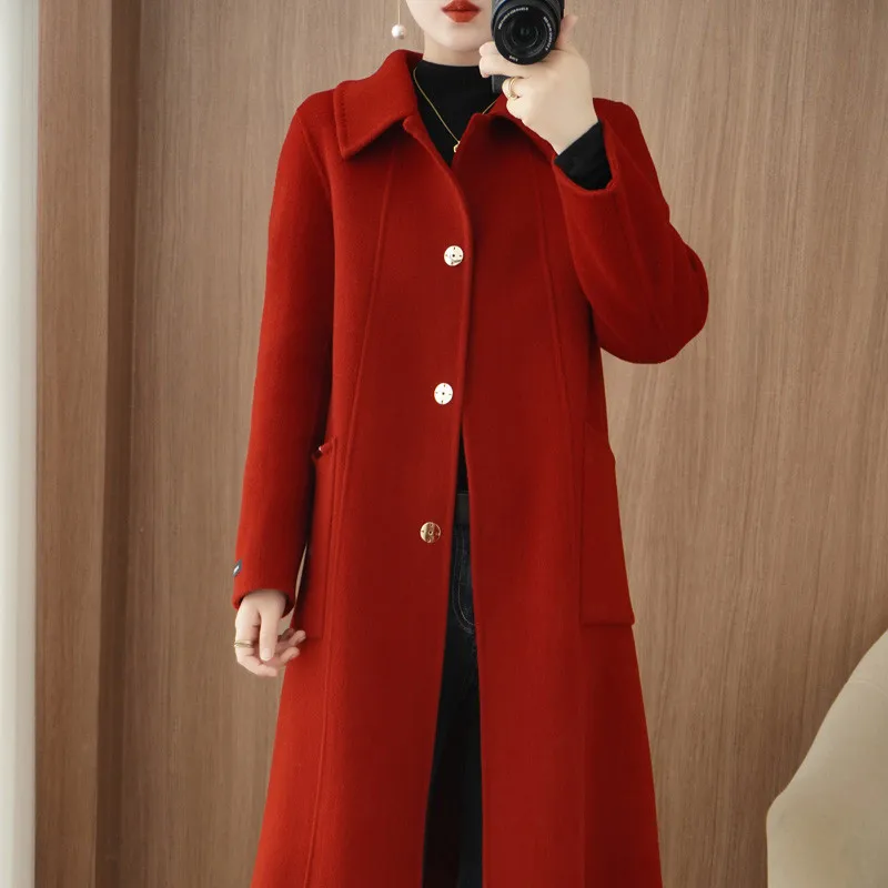 

2025 Winter Autumn Christmas Black Loose Long Wool Coat Jacket Belt Woolen Overcoat Korean Women Split Hem Cardigan Outerwear