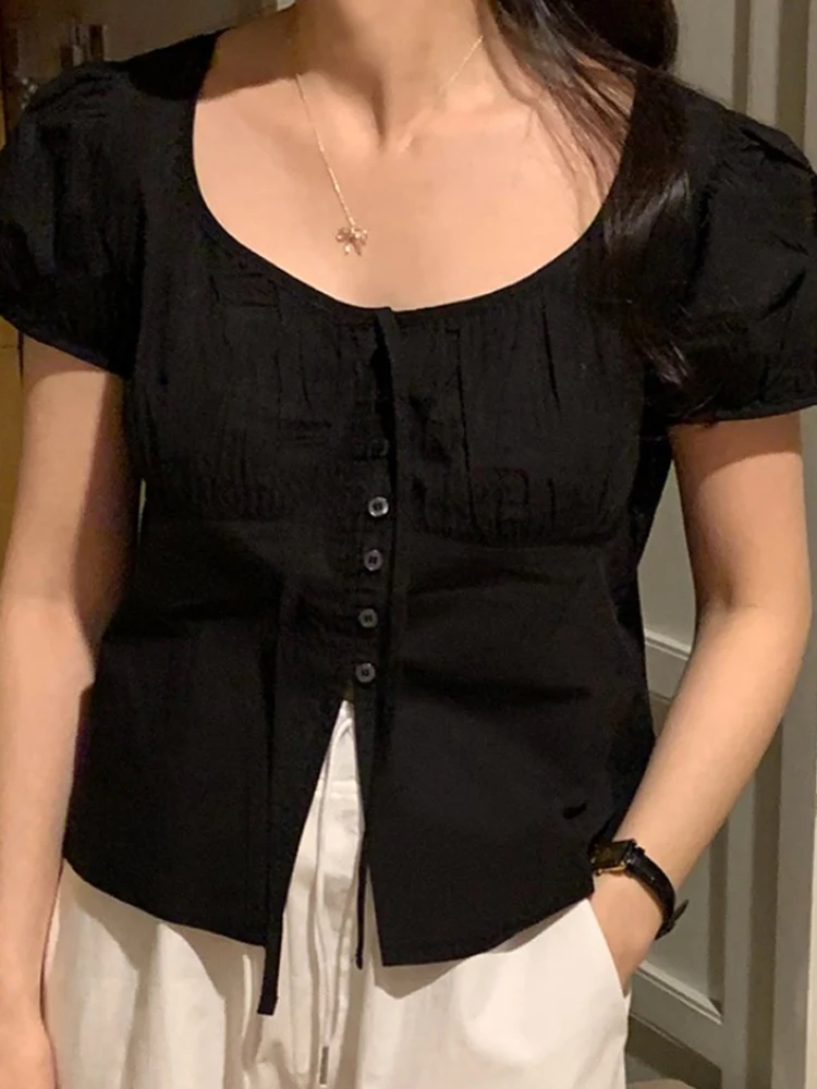 

Chic Summer Women's irt Pure Desire Sle White Tie-Detail Slim Fit Korean Sle Bubble Sve ort Sve Square Collar