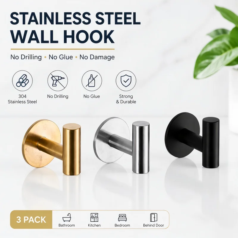 Stainless Steel Over Door Hook, No Drill No Glue Single Hook for Bathroom Kitchen, Coat Hat Towel Hanger, Space Saving